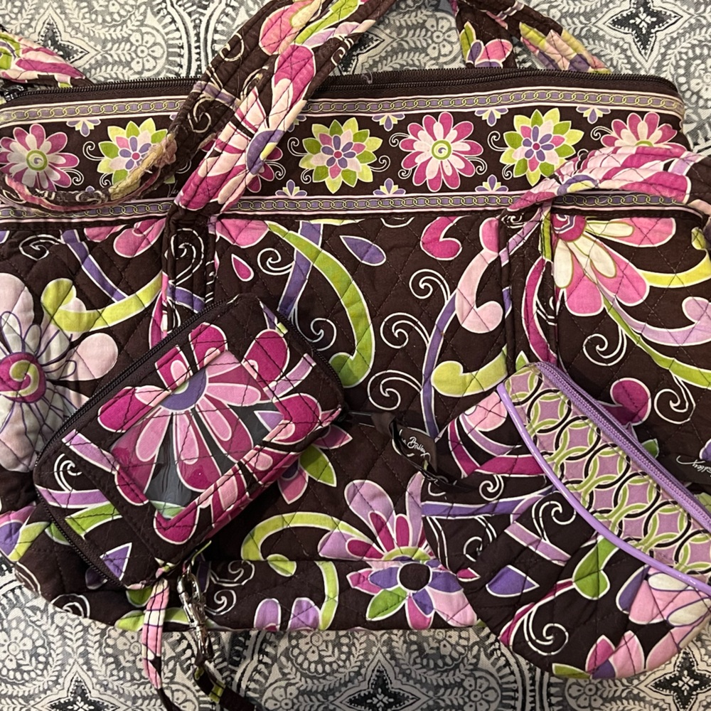 Three piece Vera Bradley set tote, wallet/phone case, change purse brown & pink